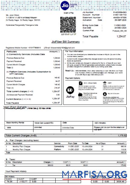 Realistic India Jio Digital Life utility bill template in Word and PDF formats, version 4